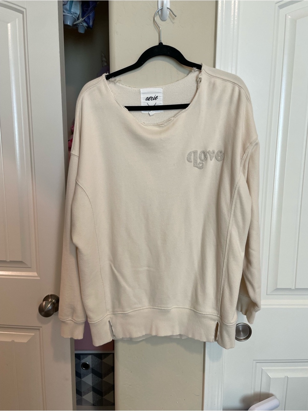 aerie Cream 'Love' Distressed Crewneck Pullover